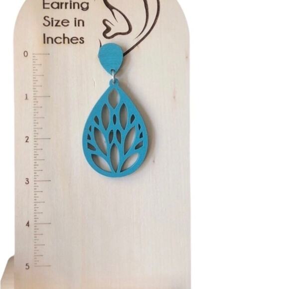 Bohemian Lightweight Wooden Filigree Laser Cut Tear Drop Turquoise Green - Picture 9 of 10